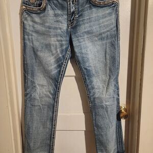 Mens Rock Revival Weston Faded Blue Jeans with Contrast Stitching